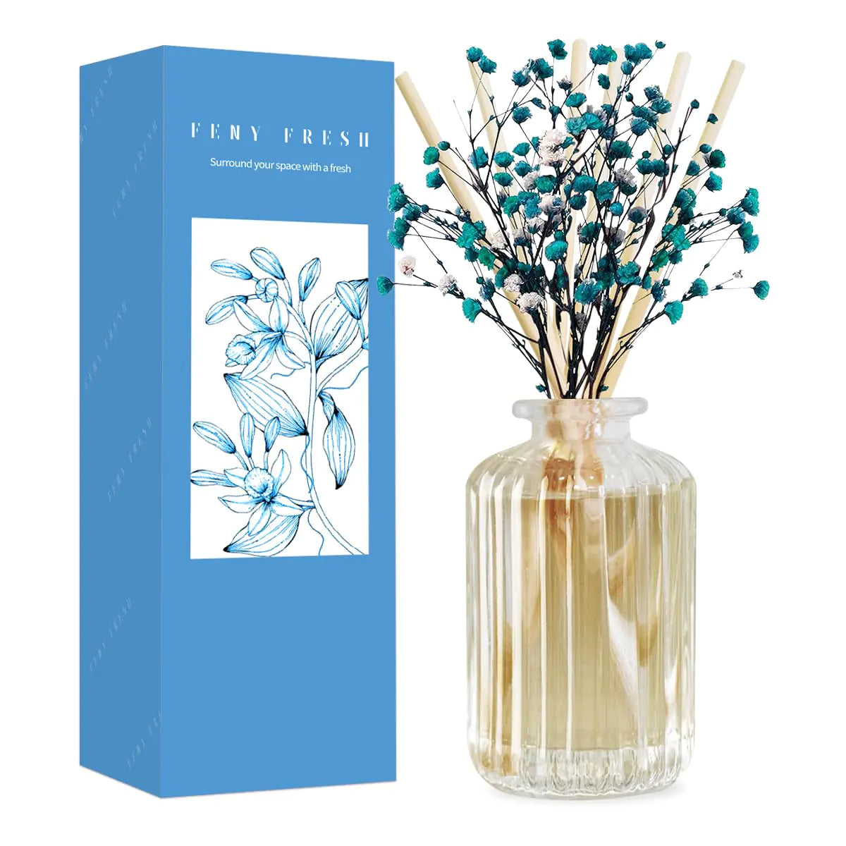 Feny Fresh Reed Diffuser Set with Preserved Real Flower & Reed Diffuser Sticks 5.9oz Cashmere Vanilla Scent Fragrance Essential Oil